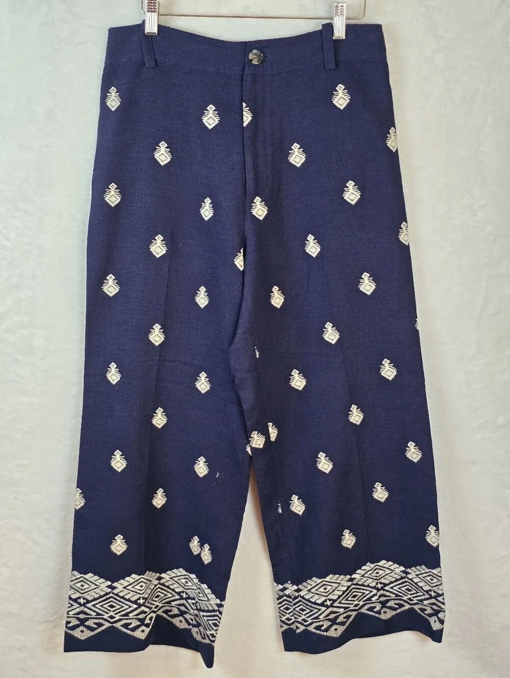 Zara High Waisted Embroidered Culottes Linen Blend Cropped Wide Leg Pants Sz.L